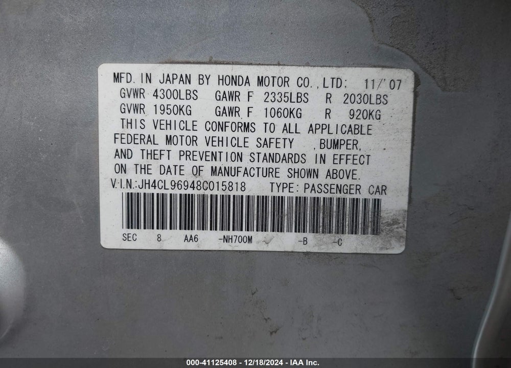 2008 ACURA TSX VIN: JH4CL96948C015818