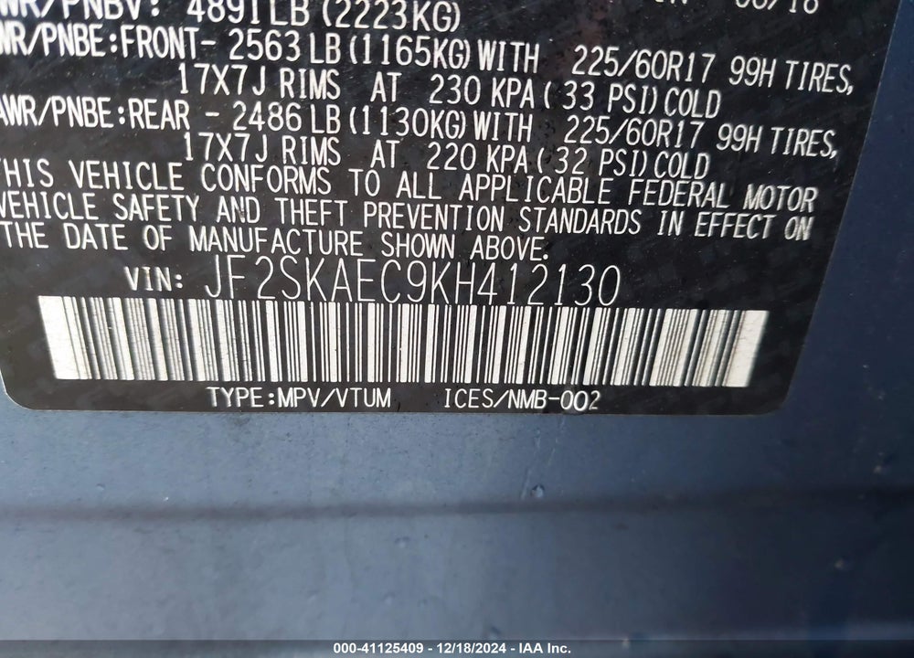2019 SUBARU FORESTER PREMIUM VIN: JF2SKAEC9KH412130