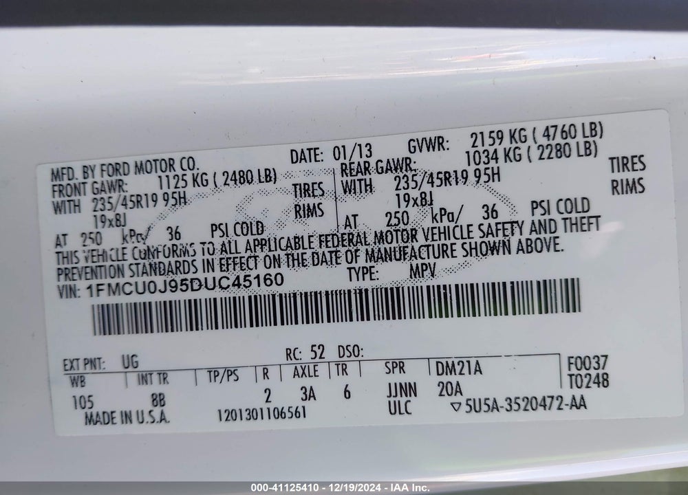 2013 FORD ESCAPE TITANIUM VIN: 1FMCU0J95DUC45160
