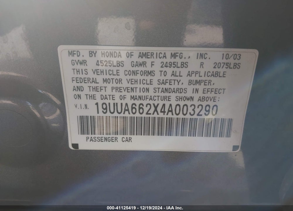 2004 ACURA TL VIN: 19UUA662X4A003290