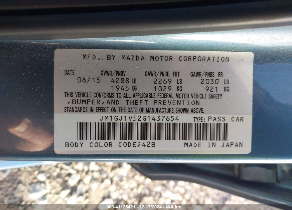 2016 MAZDA 6 I TOURING VIN: JM1GJ1V52G1437654