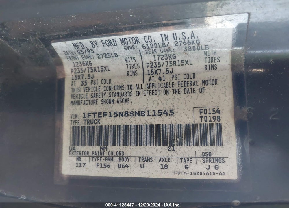 1995 FORD F150 VIN: 1FTEF15N8SNB11545