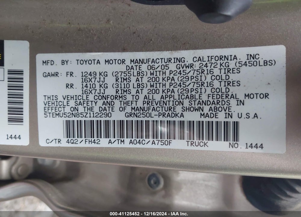 2005 TOYOTA TACOMA BASE V6 VIN: 5TEMU52N85Z112290
