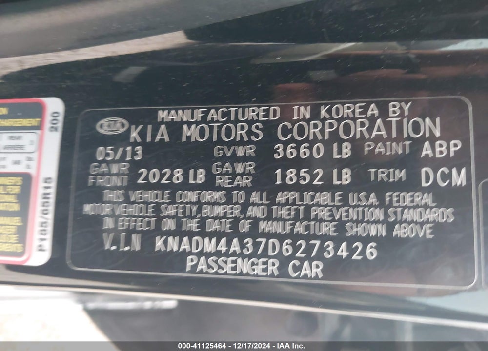 2013 KIA RIO LX VIN: KNADM4A37D6273426