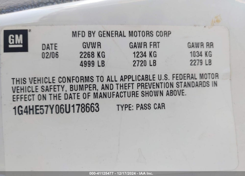 2006 BUICK LUCERNE VIN: 1G4HE57Y06U178663