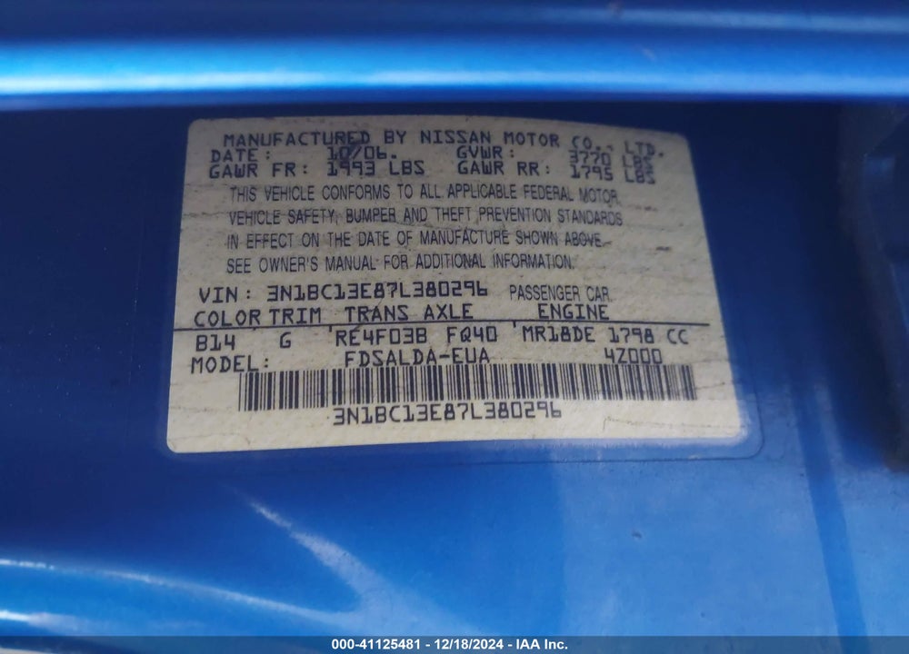2007 NISSAN VERSA 1.8S VIN: 3N1BC13E87L380296