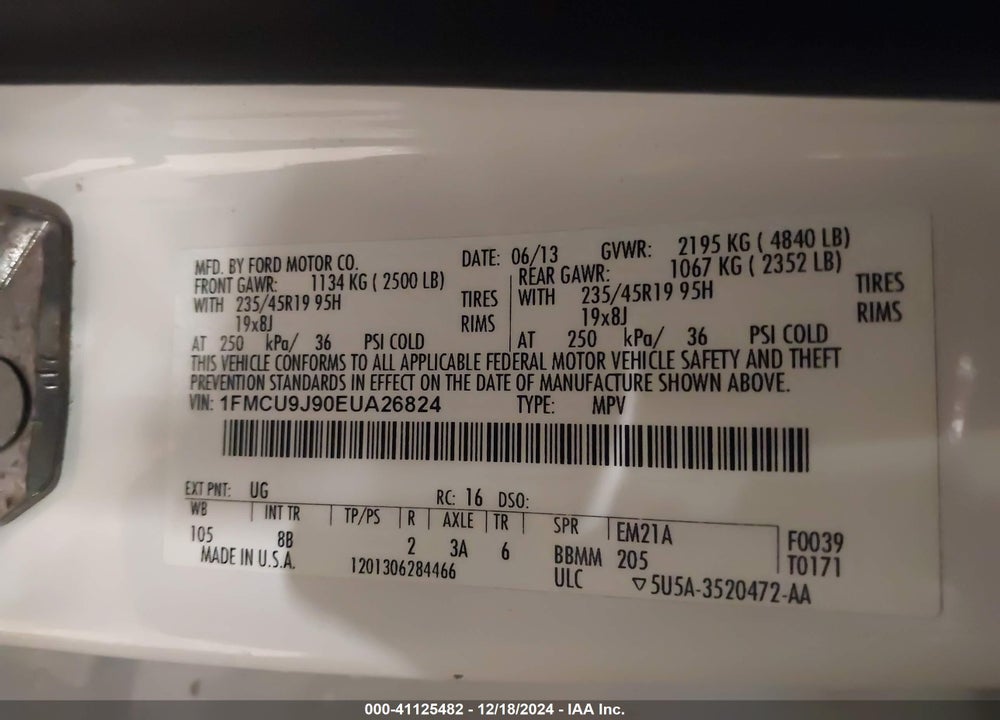 2014 FORD ESCAPE TITANIUM VIN: 1FMCU9J90EUA26824