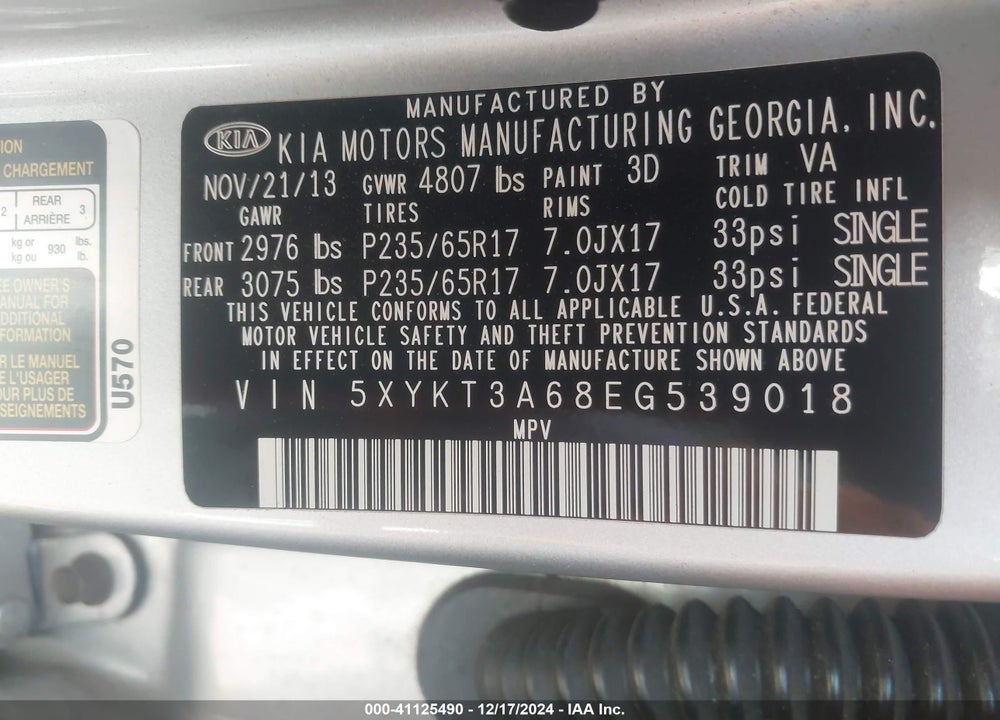 2014 KIA SORENTO LX VIN: 5XYKT3A68EG539018