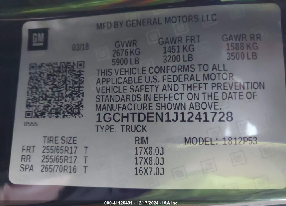 2018 CHEVROLET COLORADO Z71 VIN: 1GCHTDEN1J1241728