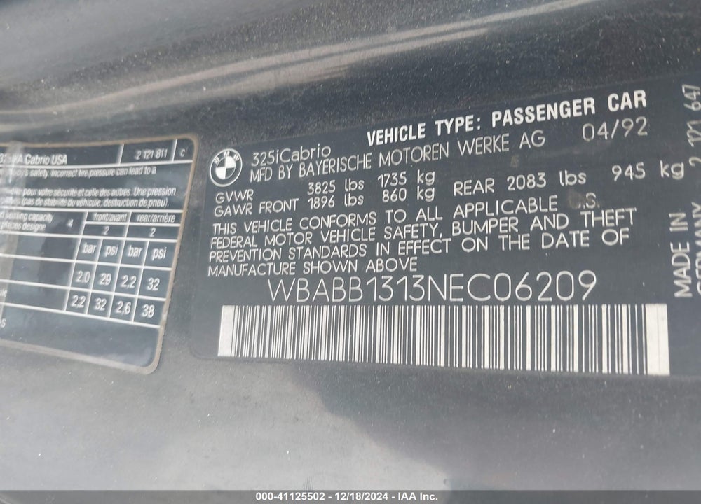 1992 BMW 325 IC VIN: WBABB1313NEC06209