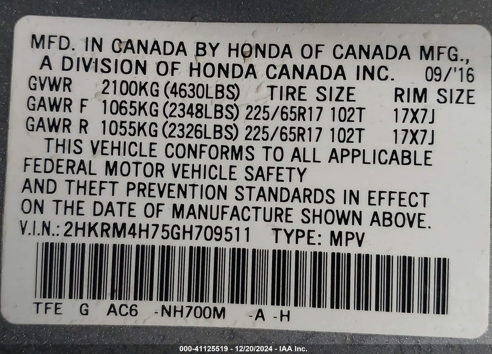 2016 HONDA CR-V EX-L VIN: 2HKRM4H75GH709511