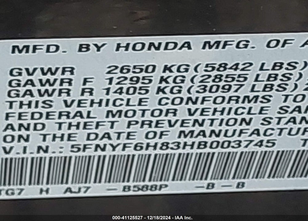 2017 HONDA PILOT EX-L VIN: 5FNYF6H83HB003745