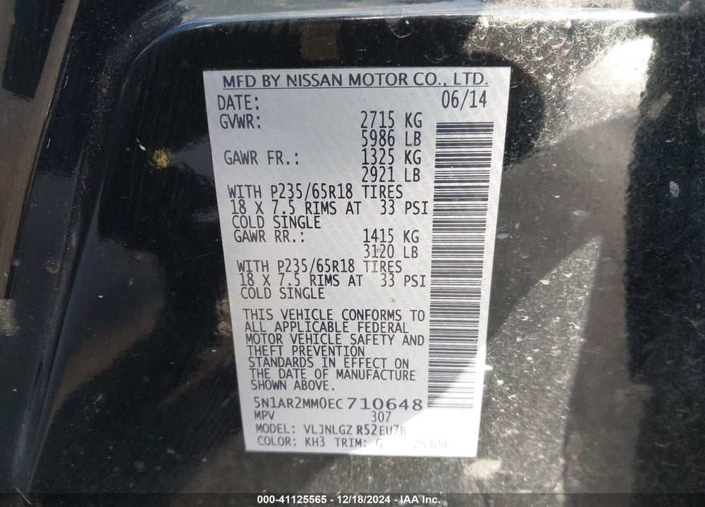 2014 NISSAN PATHFINDER SL VIN: 5N1AR2MM0EC710648