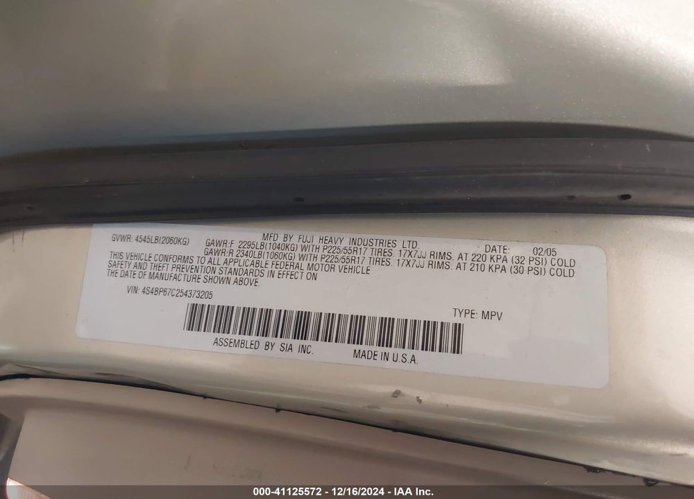 2005 SUBARU OUTBACK 2.5XT LIMITED VIN: 4S4BP67C254373205
