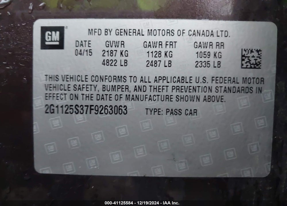 2015 CHEVROLET IMPALA 2LT VIN: 2G1125S37F9263063