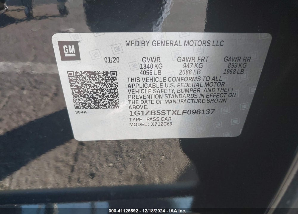 2020 CHEVROLET MALIBU FWD LS VIN: 1G1ZB5STXLF096137