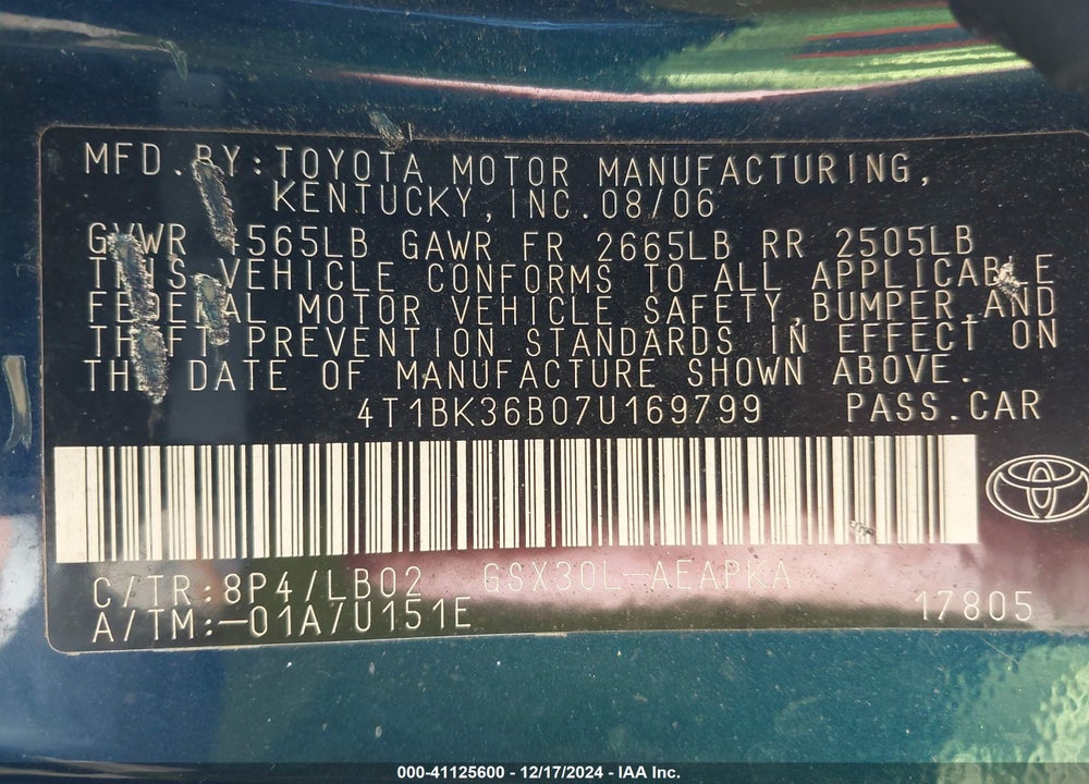 2007 TOYOTA AVALON LIMITED VIN: 4T1BK36B07U169799