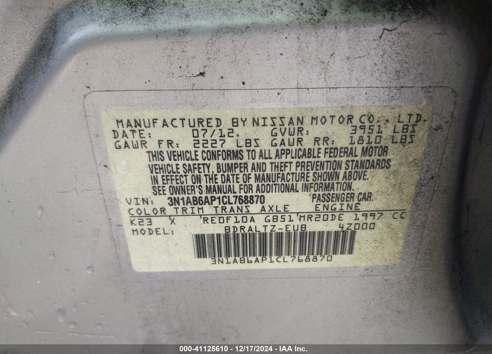 2012 NISSAN SENTRA 2.0 S VIN: 3N1AB6AP1CL768870