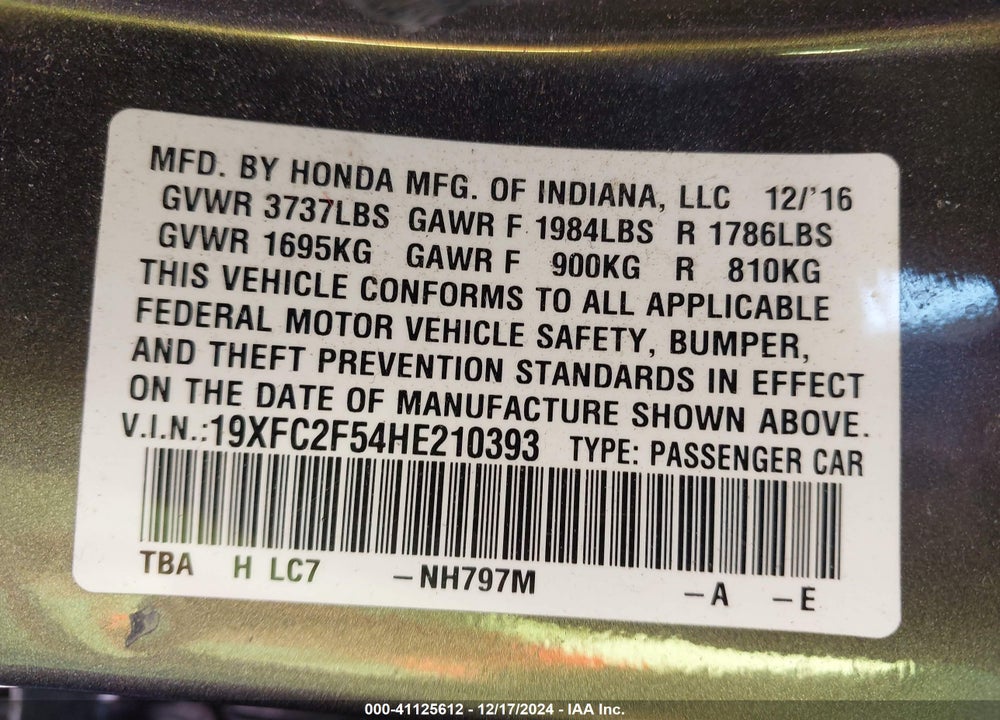 2017 HONDA CIVIC VIN: 19XFC2F54HE210393