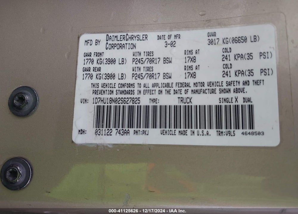 2002 DODGE RAM 1500 ST VIN: 1D7HU18N02S627825