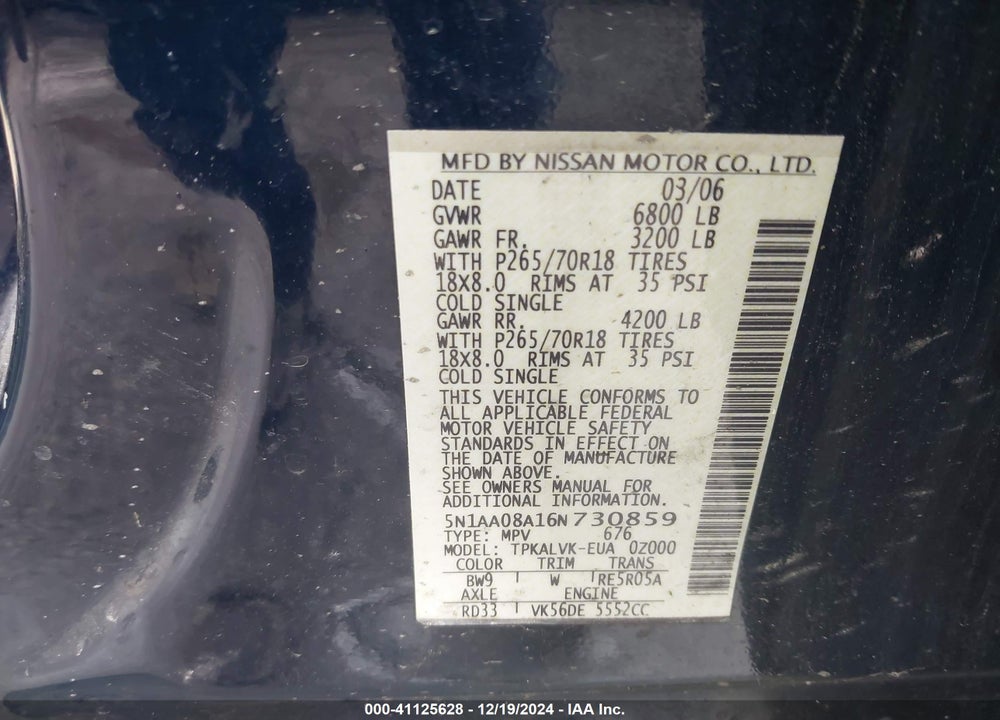 2006 NISSAN ARMADA LE VIN: 5N1AA08A16N730859