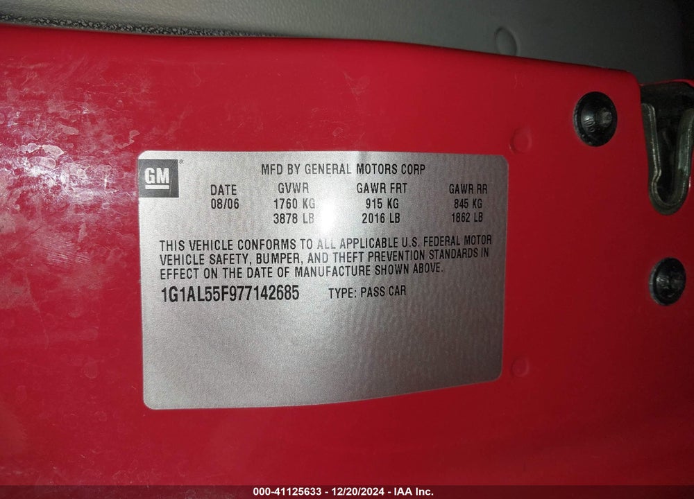 2007 CHEVROLET COBALT VIN: 1G1AL55F977142685