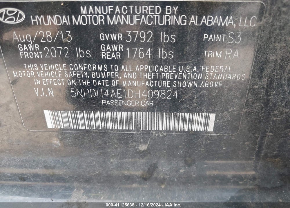 2013 HYUNDAI ELANTRA GLS VIN: 5NPDH4AE1DH409824