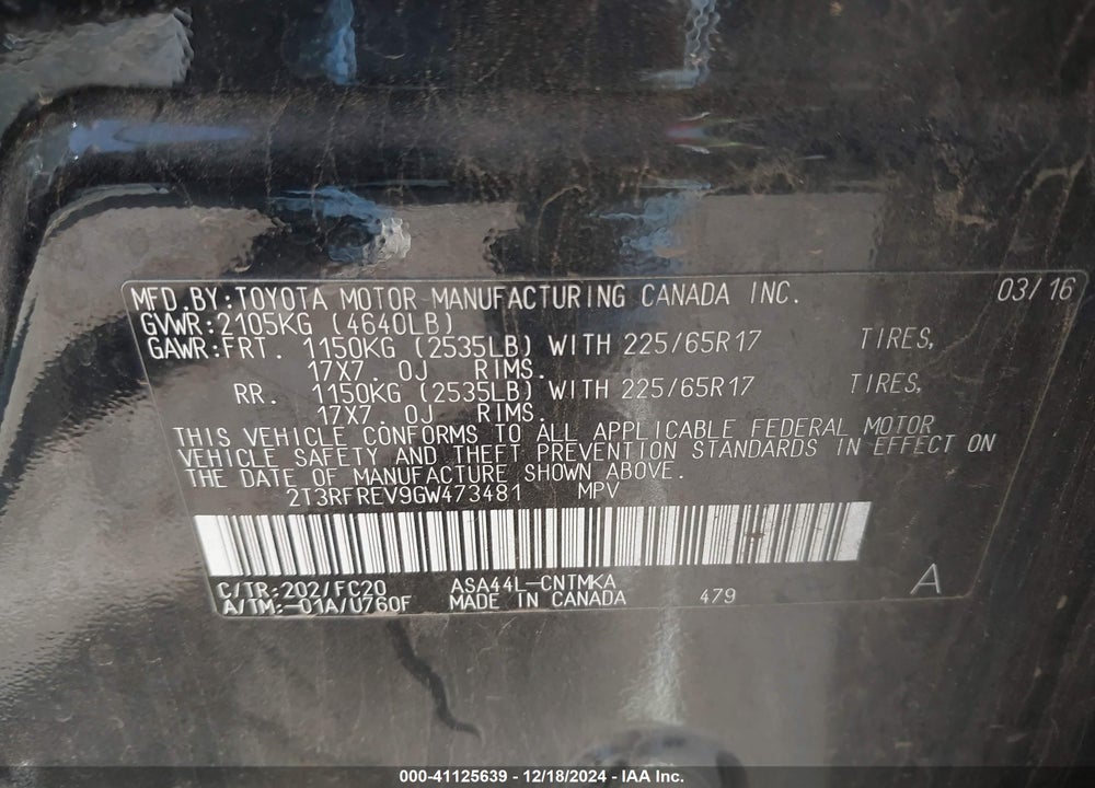2016 TOYOTA RAV4 XLE VIN: 2T3RFREV9GW473481
