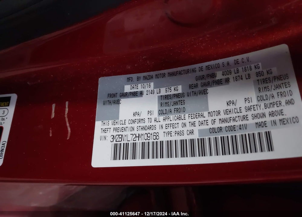 2017 MAZDA MAZDA3 VIN: 3MZBN1L72HM109168