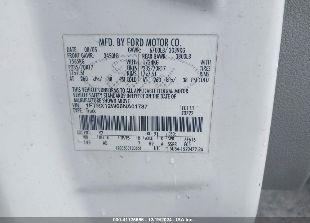 2006 FORD F150 VIN: 1FTRX12W66NA01787