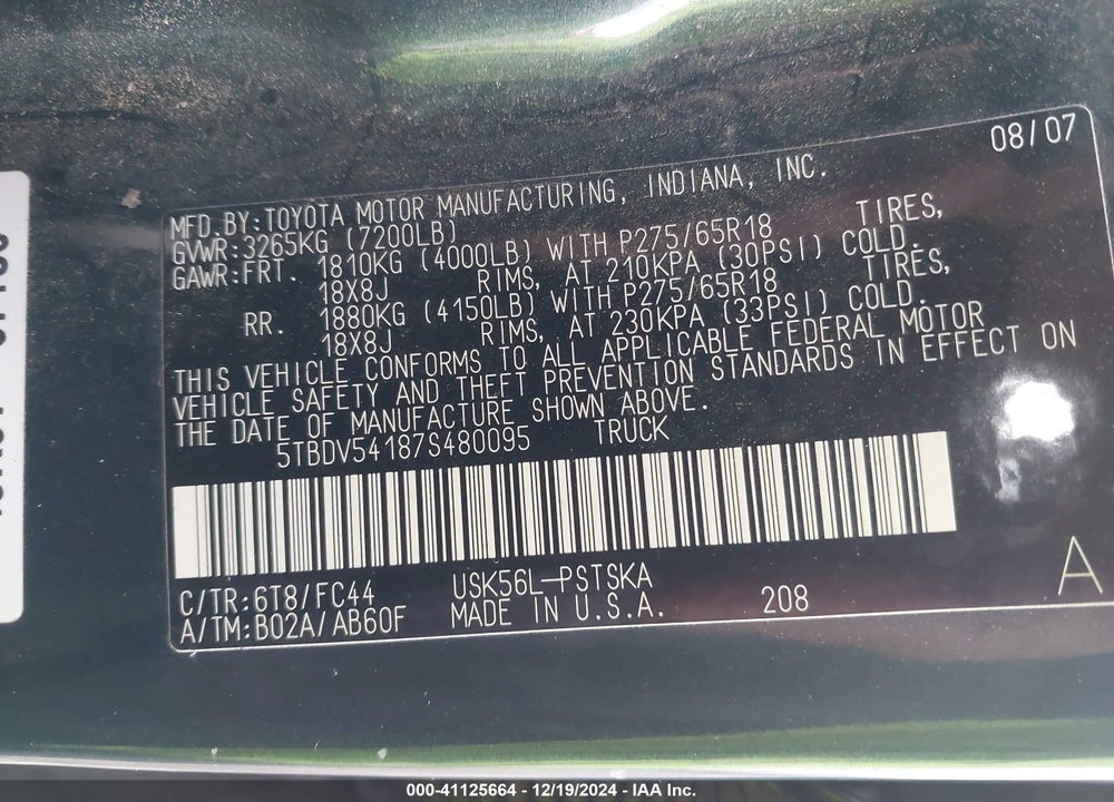 2007 TOYOTA TUNDRA SR5 5.7L V8 VIN: 5TBDV54187S480095