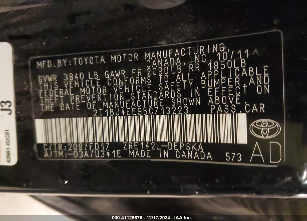 2011 TOYOTA COROLLA VIN: 2T1BU4EE9BC713223