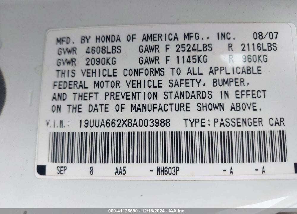 2008 ACURA TL 3.2 VIN: 19UUA662X8A003988