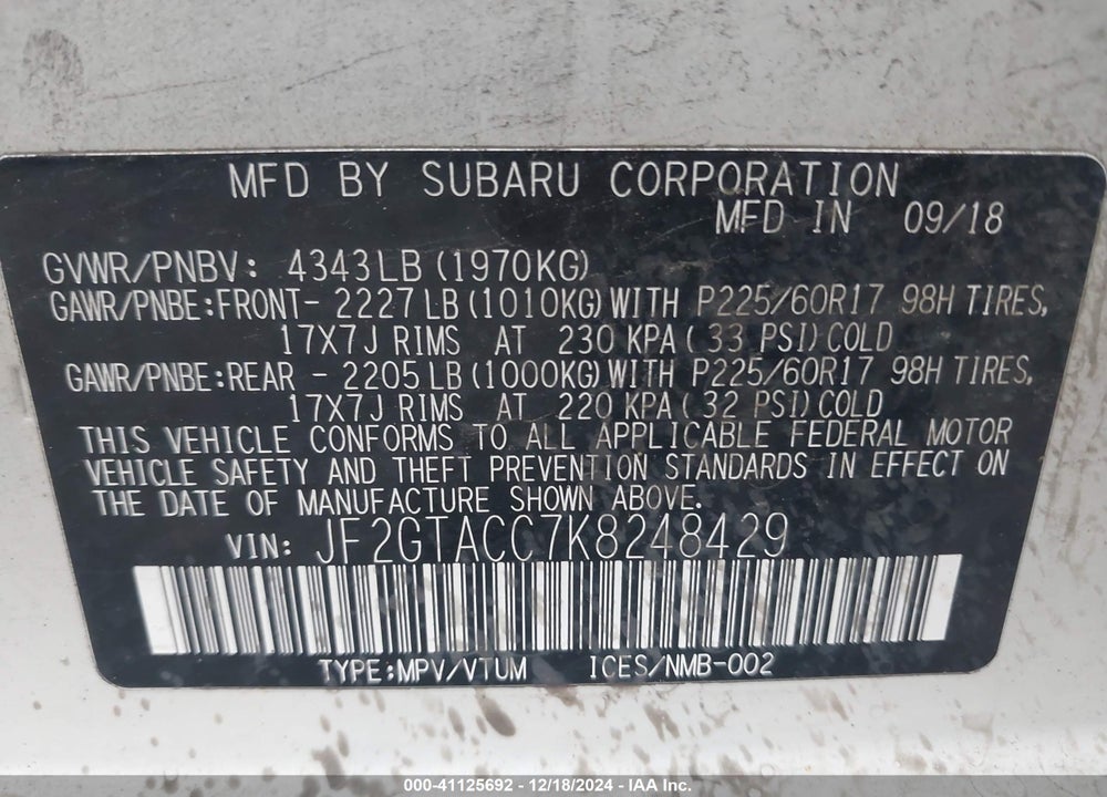 2019 SUBARU CROSSTREK 2.0I PREMIUM VIN: JF2GTACC7K8248429