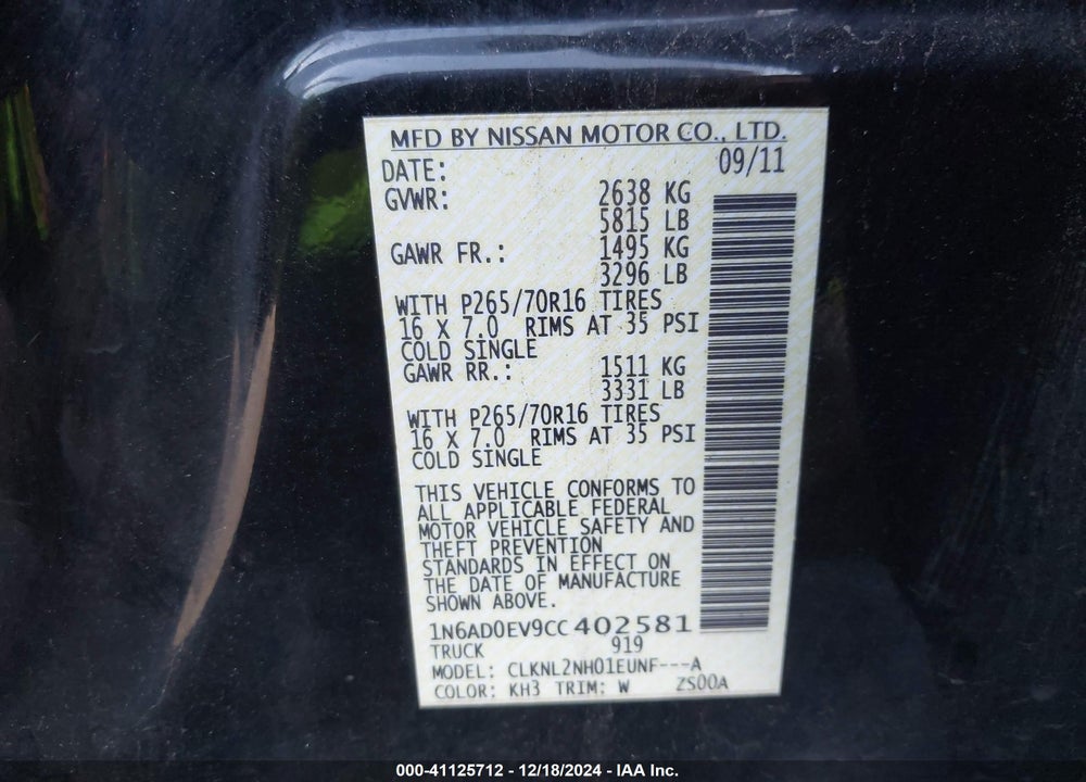 2012 NISSAN FRONTIER SV VIN: 1N6AD0EV9CC402581