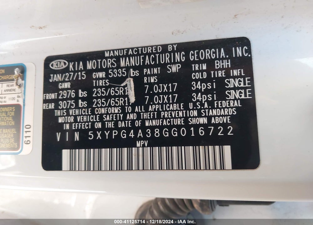2016 KIA SORENTO 2.4L LX VIN: 5XYPG4A38GG016722