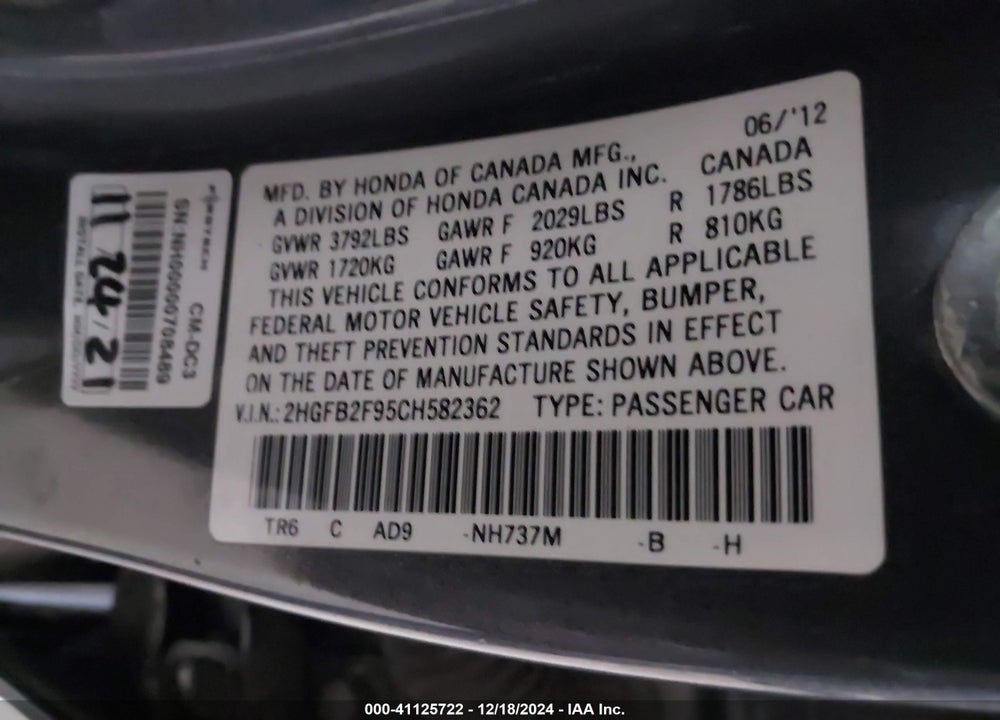 2012 HONDA CIVIC SDN EX-L VIN: 2HGFB2F95CH582362