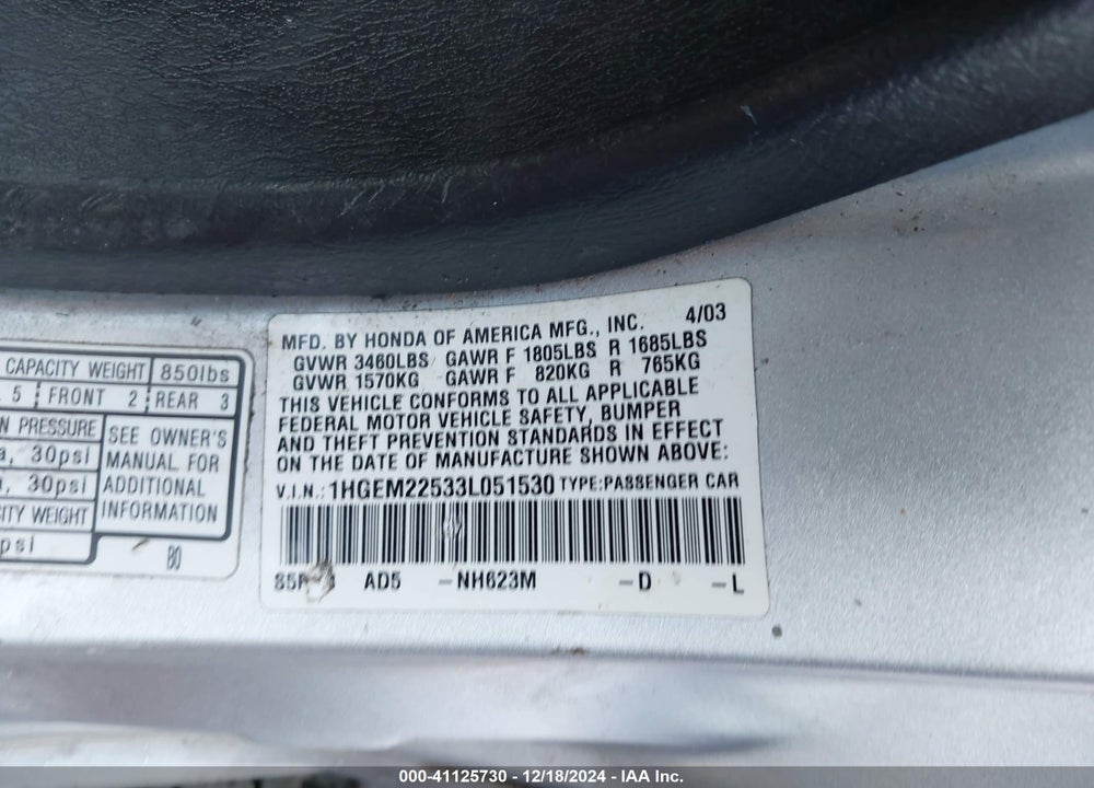 2003 HONDA CIVIC LX VIN: 1HGEM22533L051530