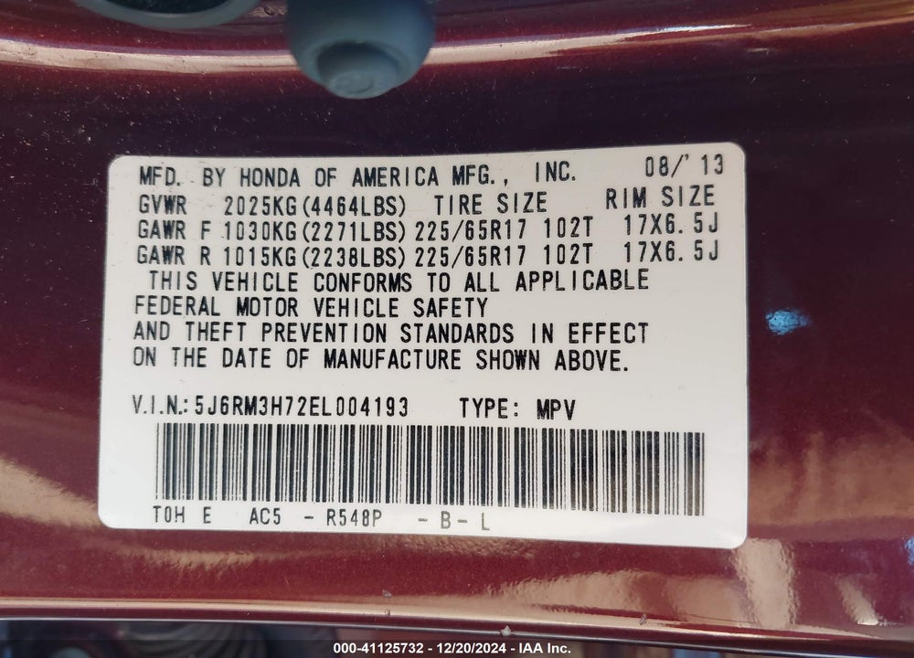 2014 HONDA CR-V EX-L VIN: 5J6RM3H72EL004193