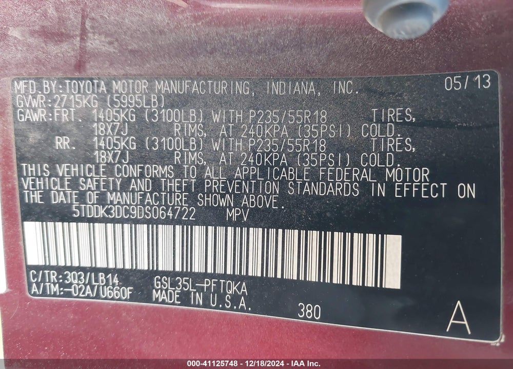 2013 TOYOTA SIENNA XLE 7 PASSENGER VIN: 5TDDK3DC9DS064722