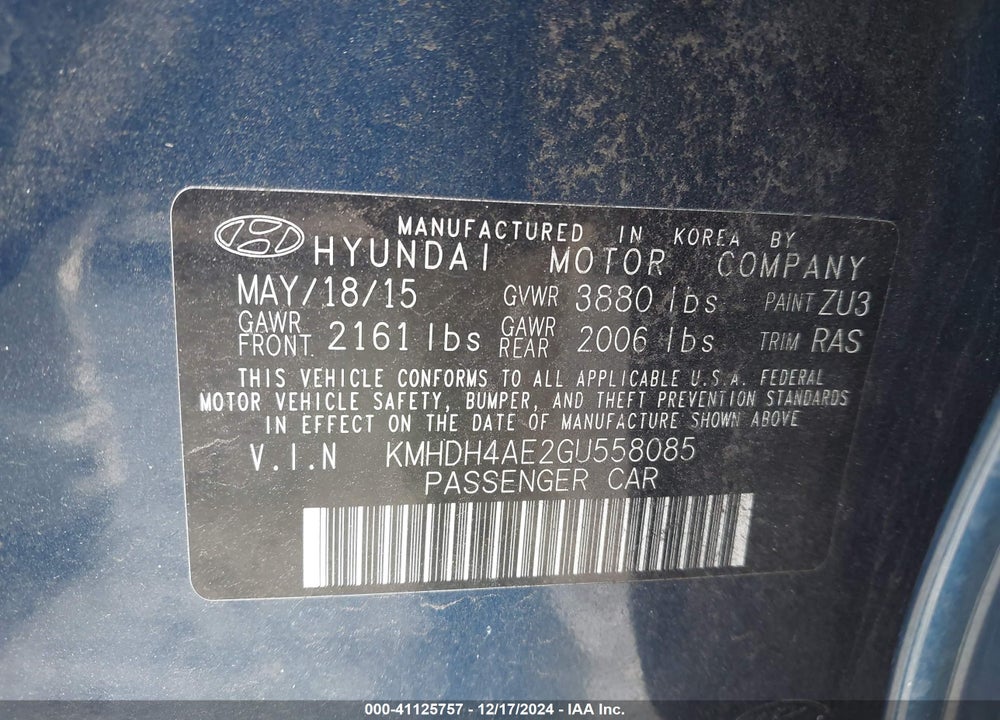 2016 HYUNDAI ELANTRA SE VIN: KMHDH4AE2GU558085