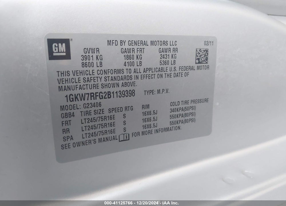 2011 GMC SAVANA 2500 LT VIN: 1GKW7RFG2B1139398