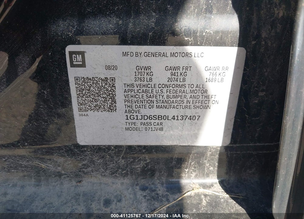 2020 CHEVROLET SONIC VIN: 1G1JD6SB0L4137407