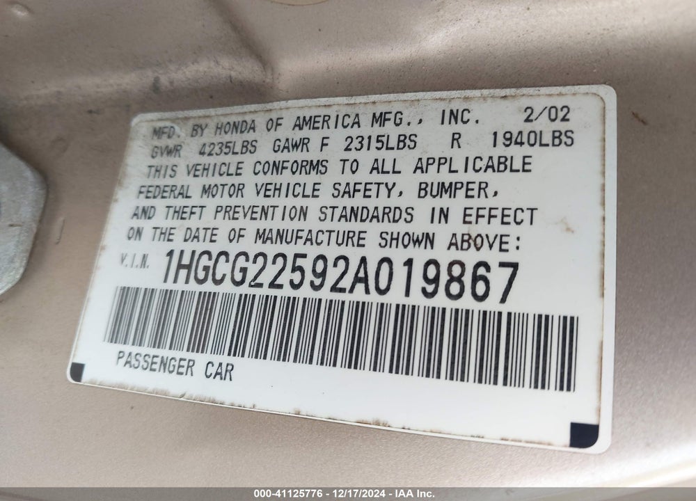 2002 HONDA ACCORD 3.0 EX VIN: 1HGCG22592A019867