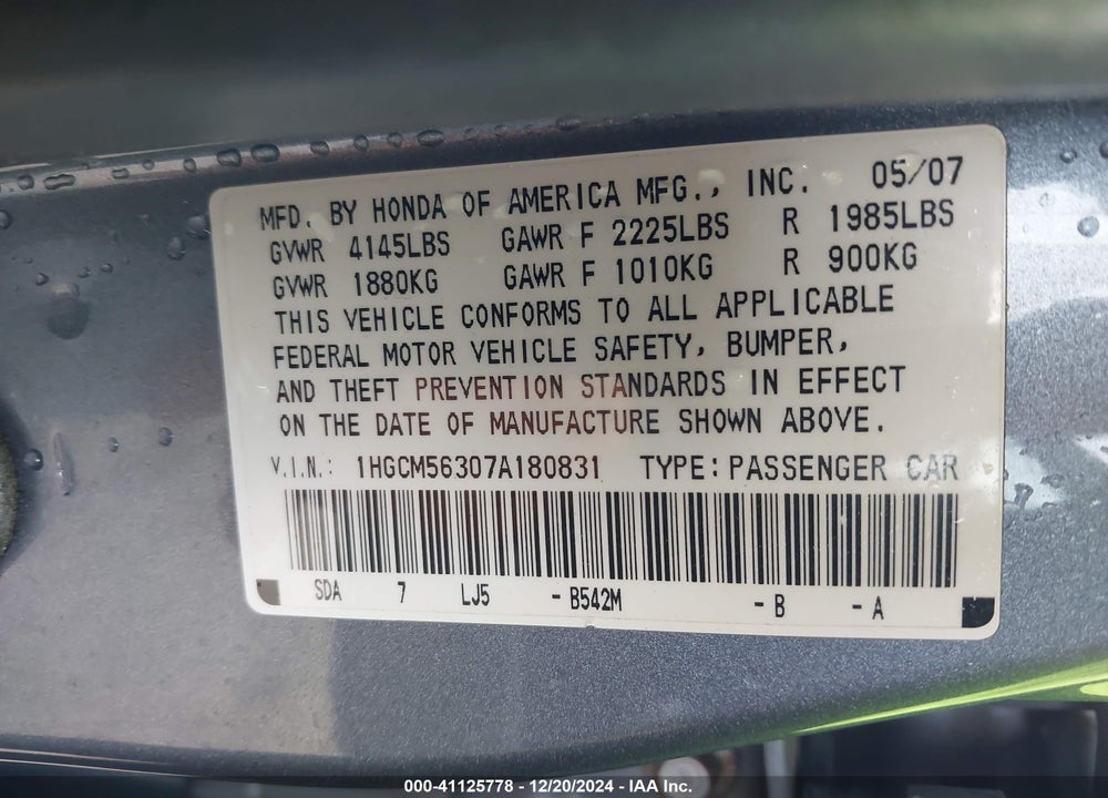 2007 HONDA ACCORD 2.4 SE VIN: 1HGCM56307A180831