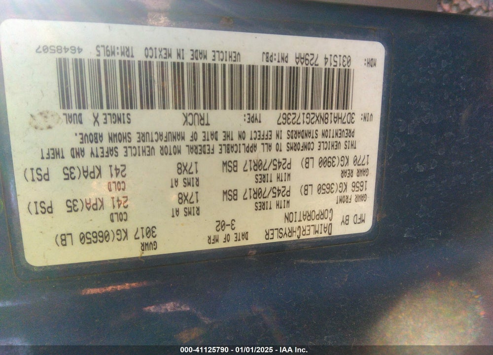2002 DODGE RAM 1500 ST VIN: 3D7HA18NX2G172367