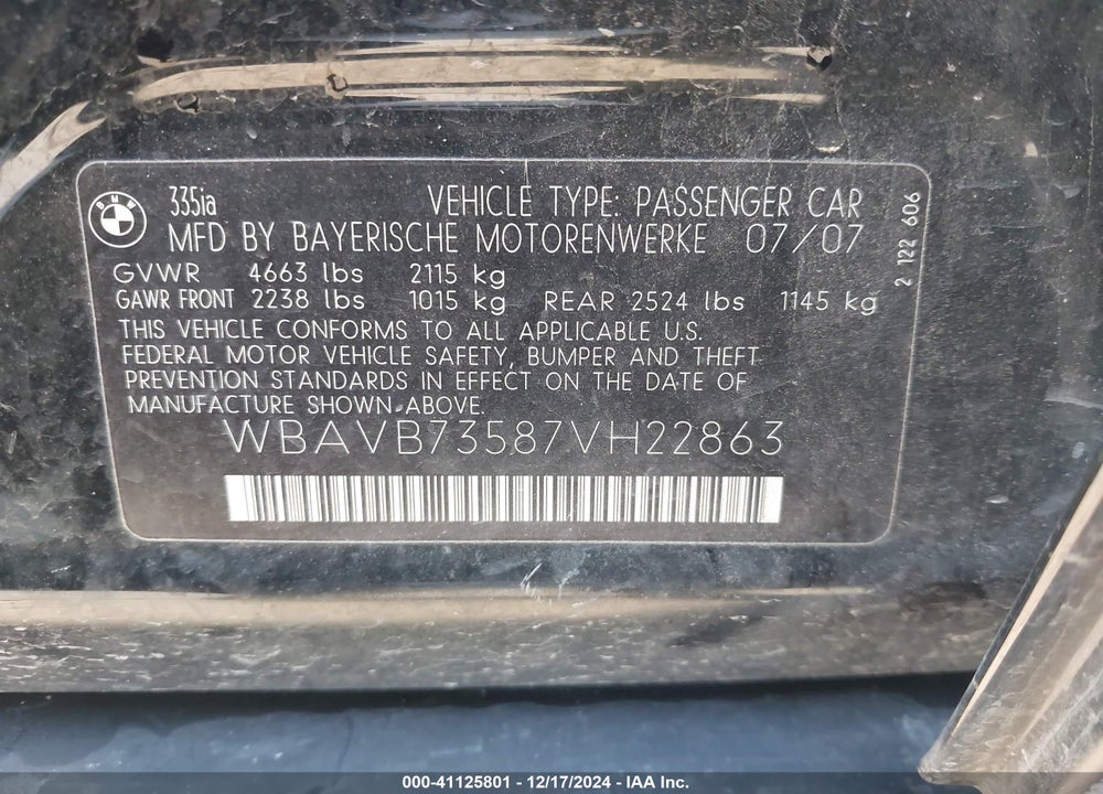 2007 BMW 335I VIN: WBAVB73587VH22863