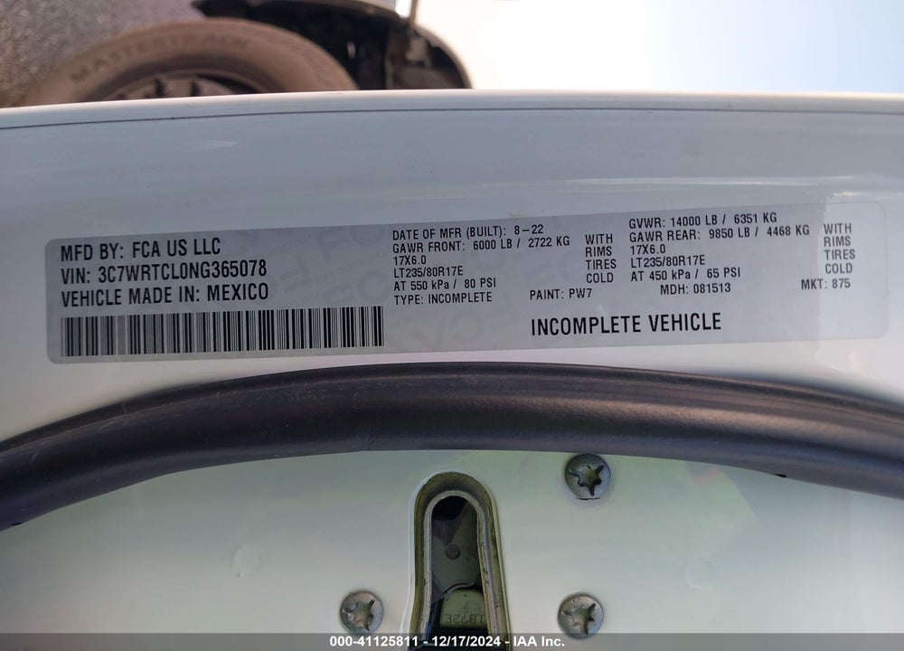 2022 RAM 3500 CHASSIS TRADESMAN/SLT/LAIE/LIMITED VIN: 3C7WRTCL0NG365078