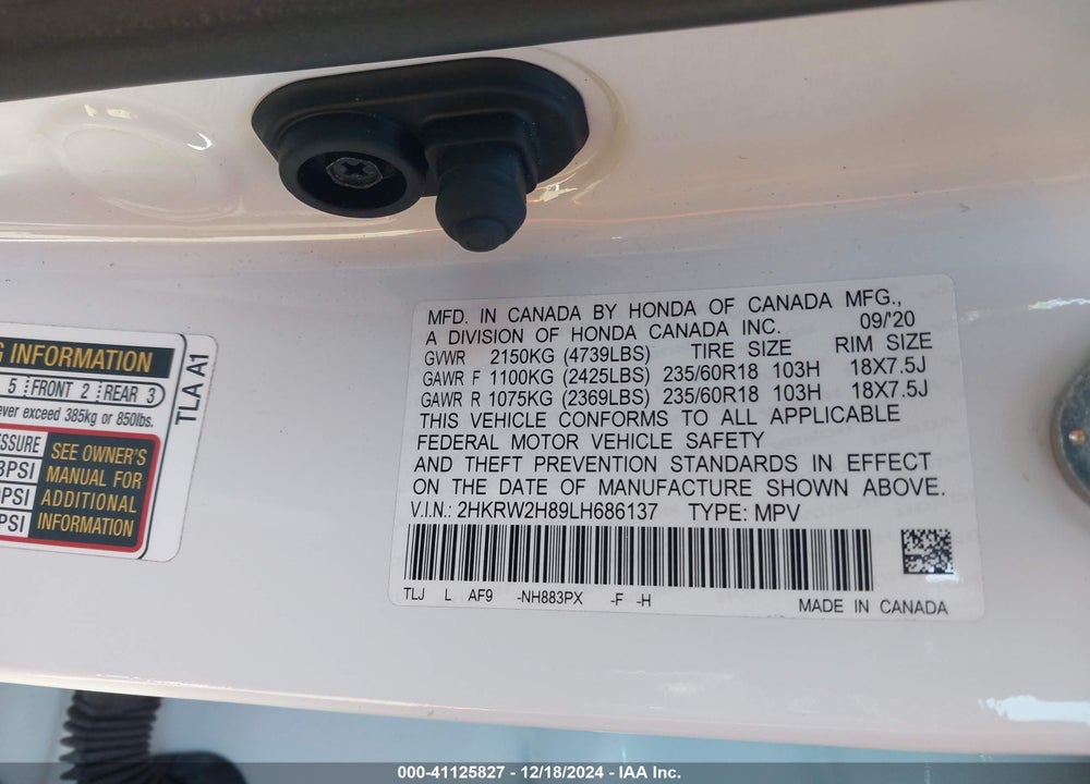 2020 HONDA CR-V AWD EX-L VIN: 2HKRW2H89LH686137