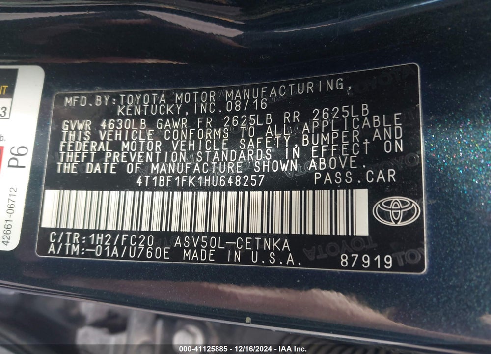 2017 TOYOTA CAMRY LE VIN: 4T1BF1FK1HU648257